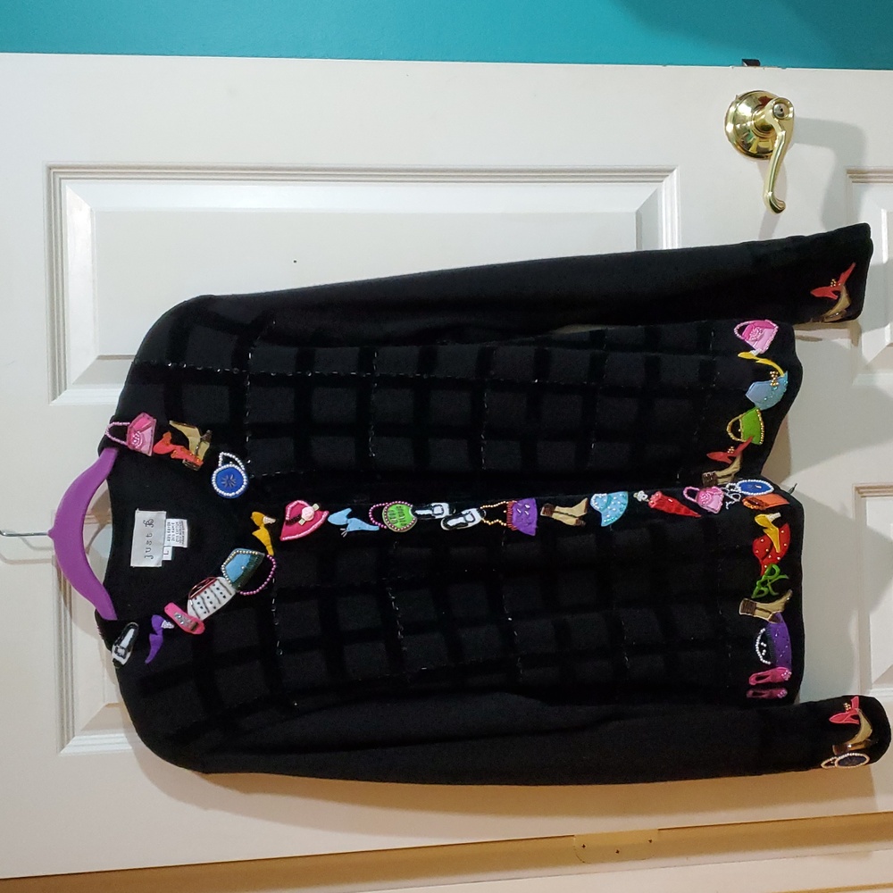 Just B Women's Black Sweater Large Beaded Embellished with Purses Shoes Hats